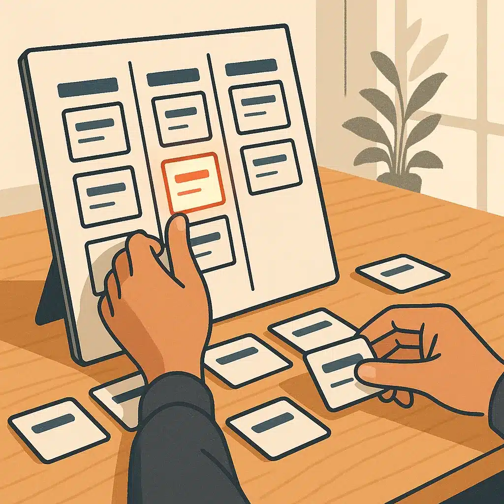 Hands are arranging labeled task cards on a kanban board, with some cards highlighted as automation candidates.