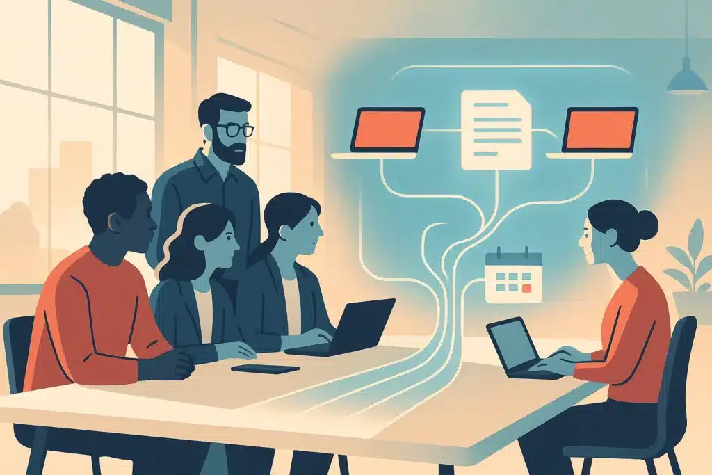A small business operations team collaborates around a table with a holographic workflow diagram above connecting various digital tools.