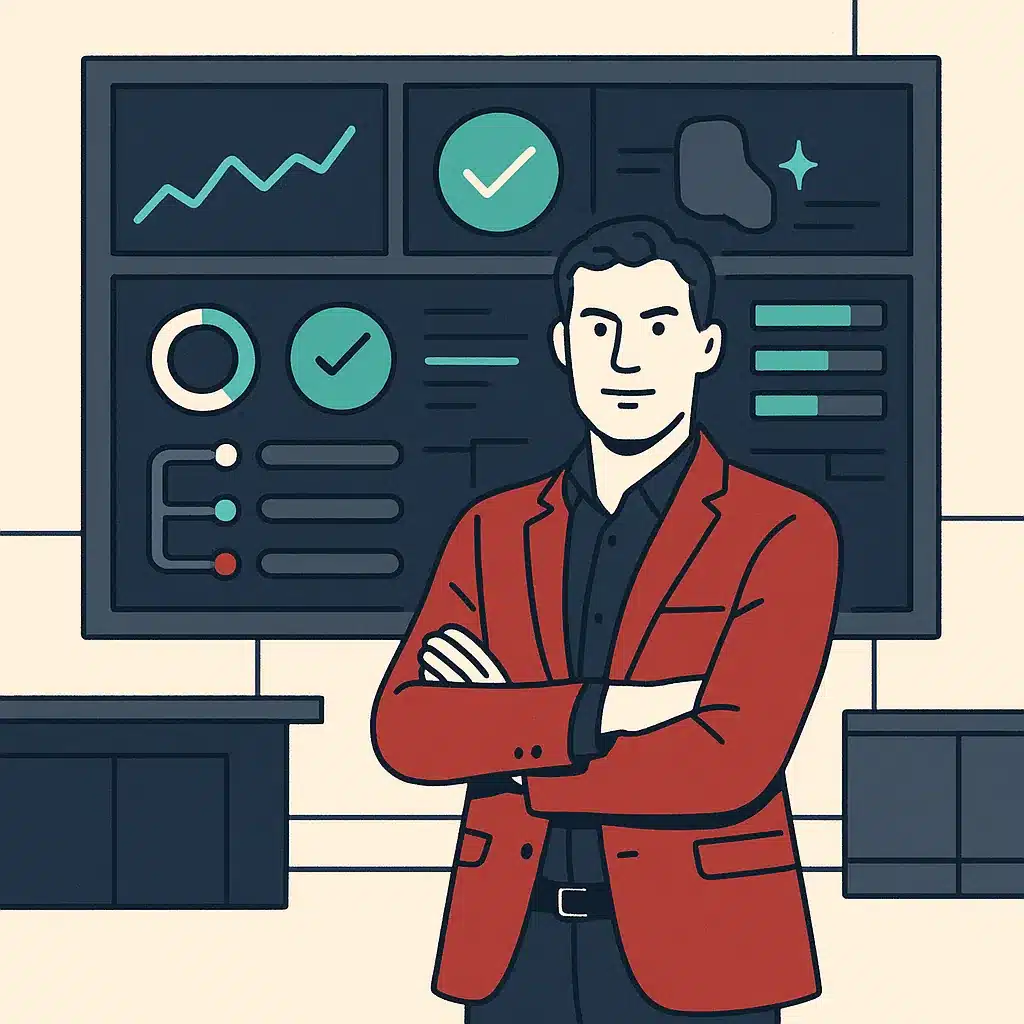 An operations manager stands in front of a large dashboard displaying performance metrics and workflow status indicators.