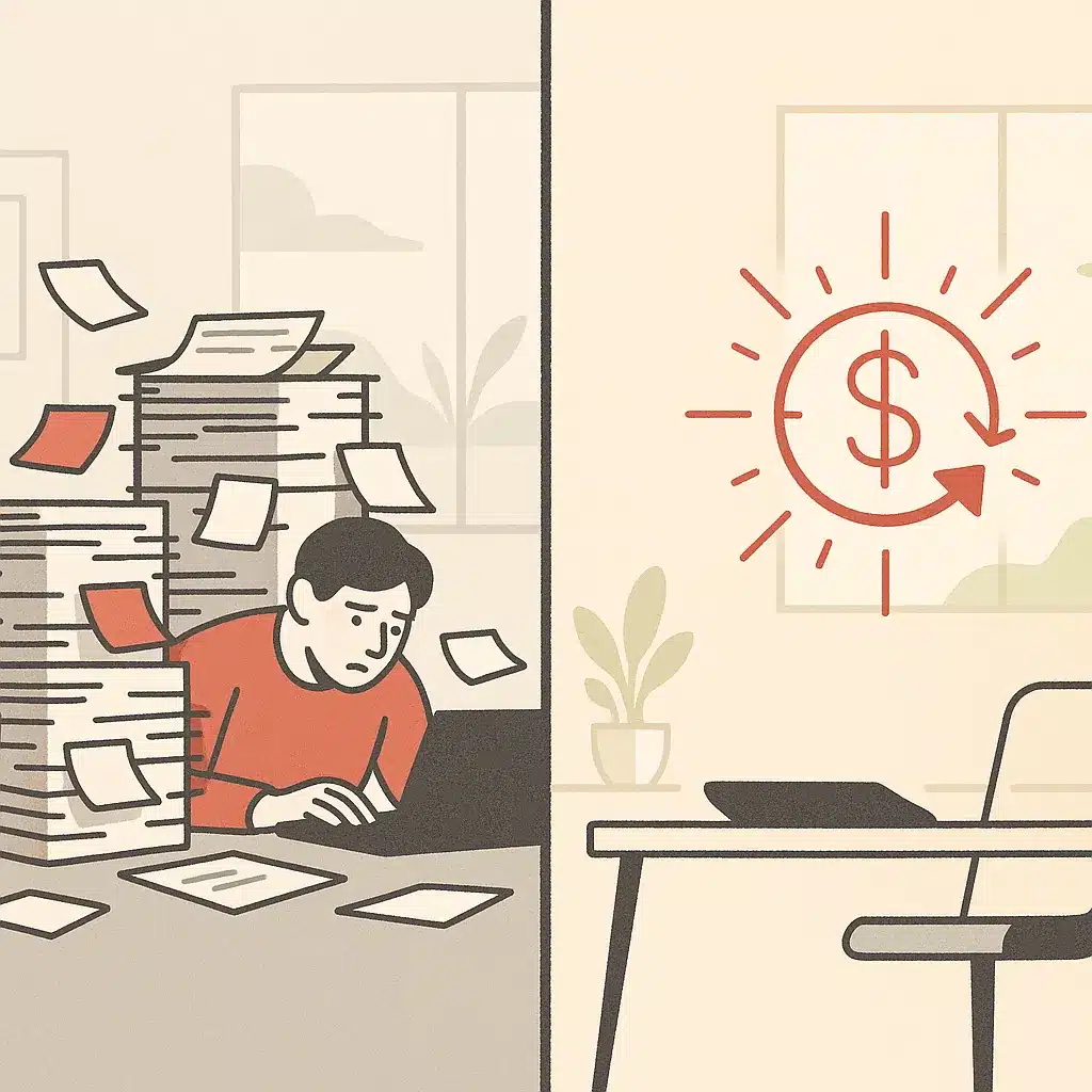 A cluttered desk with paperwork and sticky notes on the left transitions to a clean workspace with a glowing efficiency icon on the right.