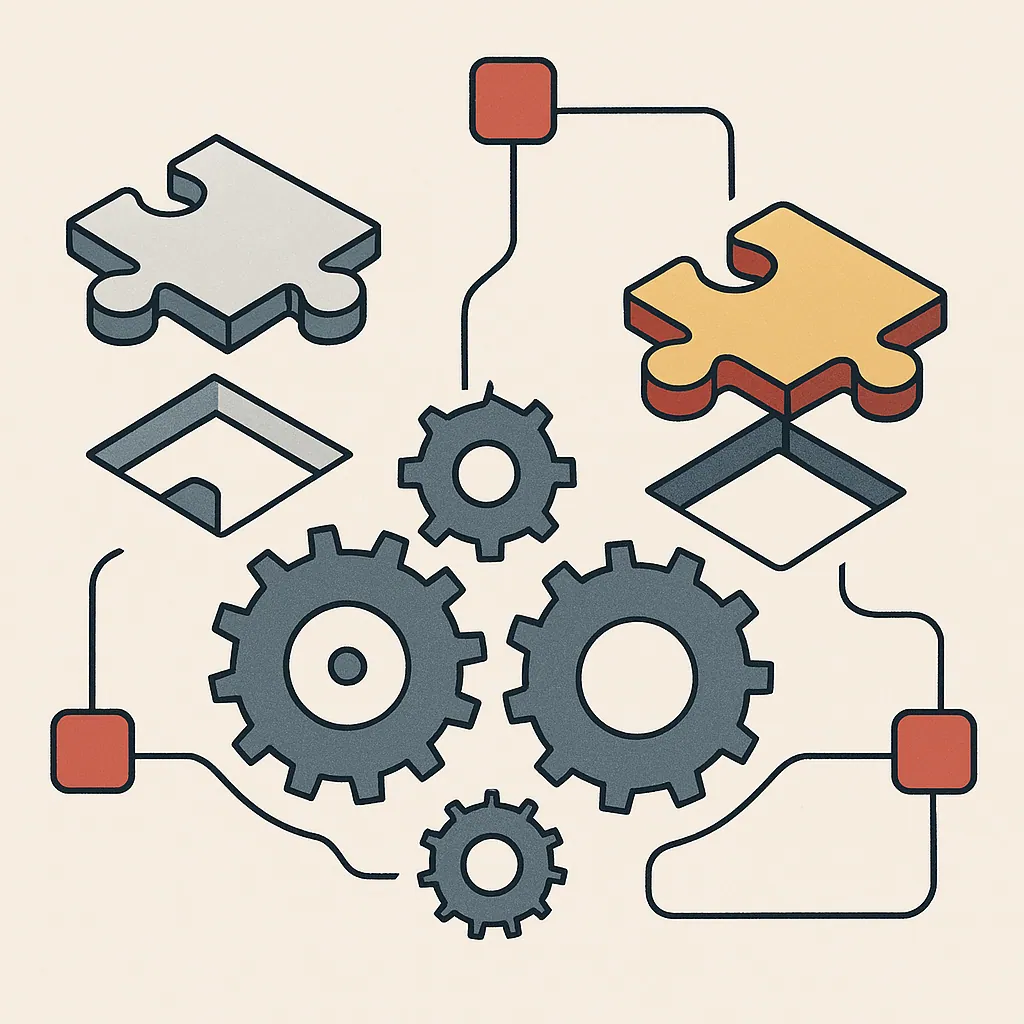 A rigid puzzle piece sits misaligned next to a custom piece that fits perfectly into a gear mechanism.