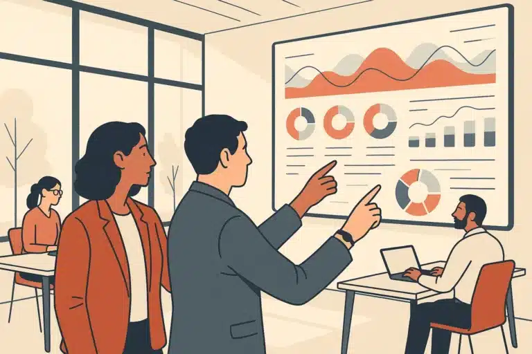 A diverse team in a modern office reviews an automated operations dashboard displayed on a large wall screen.