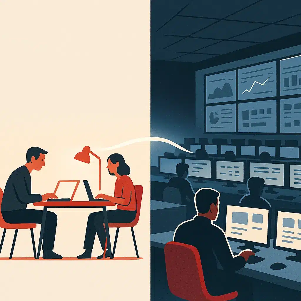 A small startup workspace with two people at a desk is contrasted with a large operations center filled with monitors.
