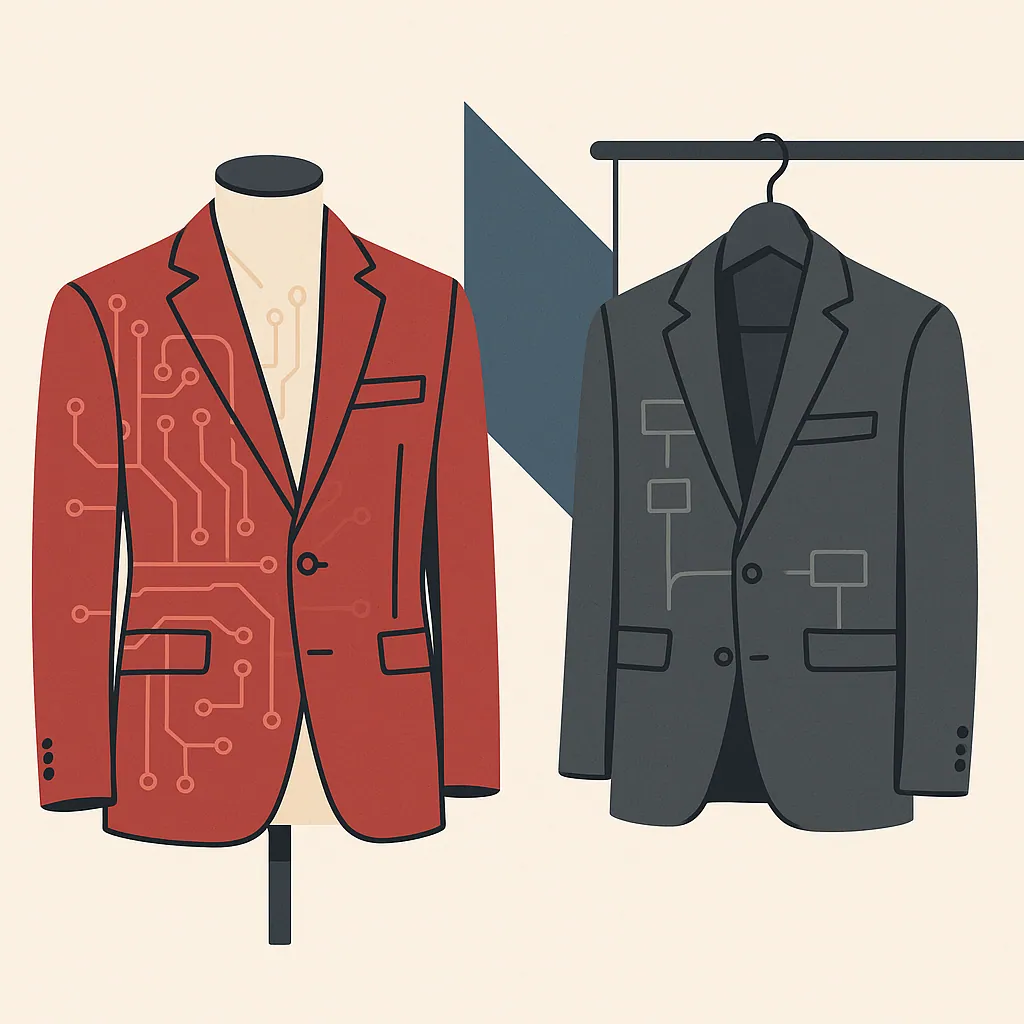 A tailored suit jacket and an off-the-rack garment hang on a rail against a neutral gray backdrop with a deep-blue accent.