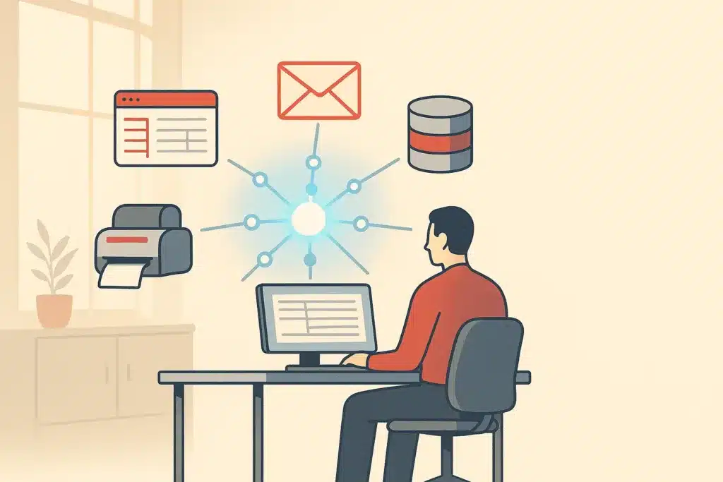 A modern operations office features a glowing digital agent connecting various business tools around a desk in warm morning light.