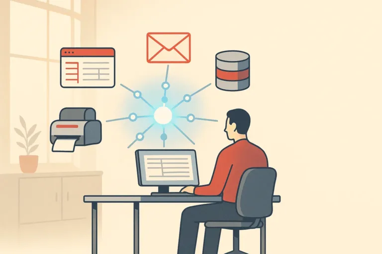 A modern operations office features a glowing digital agent connecting various business tools around a desk in warm morning light.