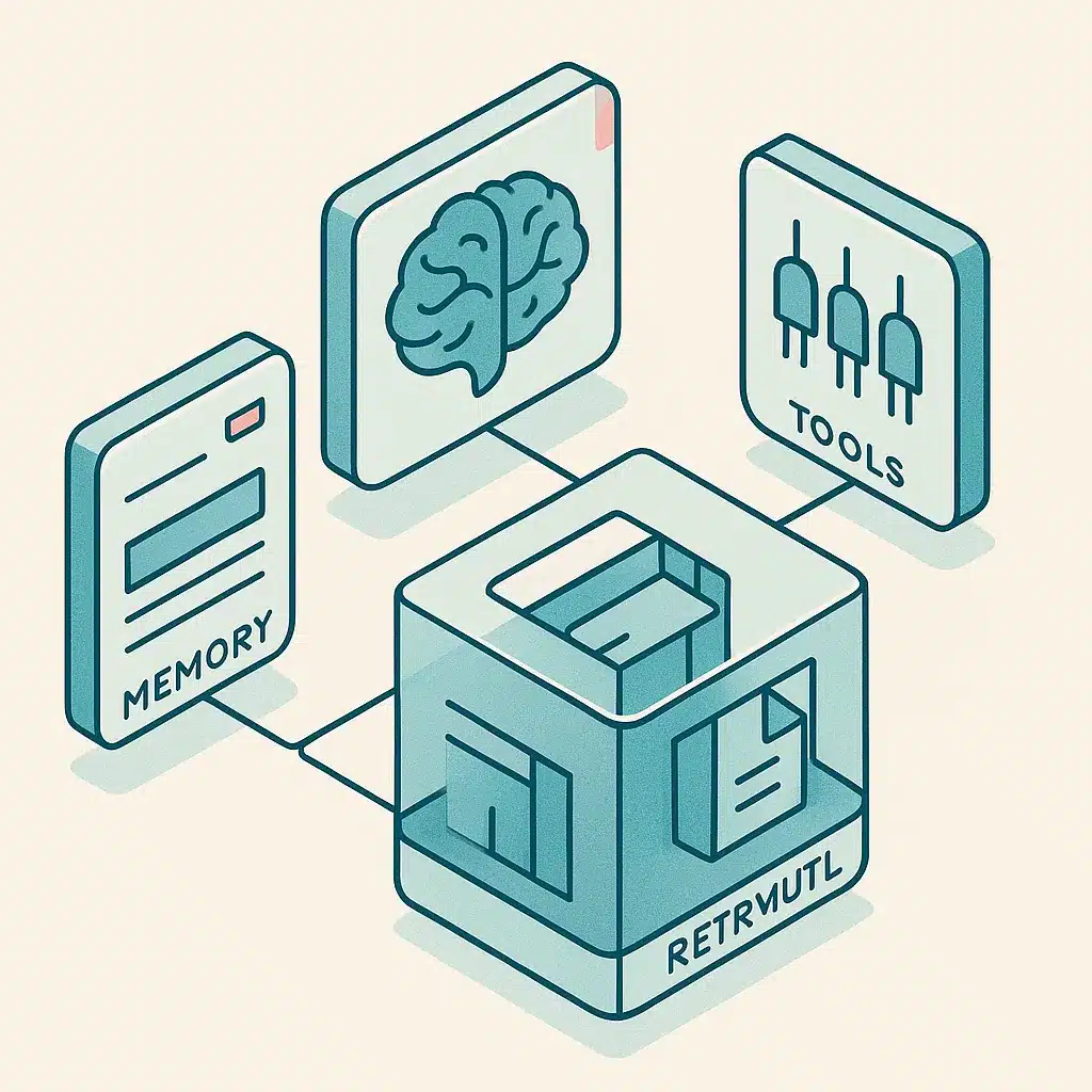 Four interconnected glass panels labeled as an AI agent's reasoning core, memory bank, tool connectors, and document library.