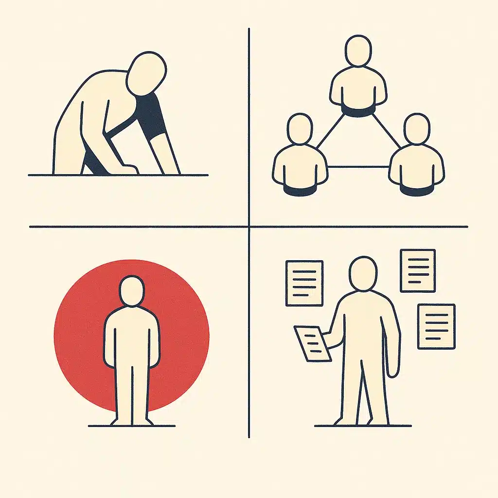 A conceptual diagram-style illustration showing four distinct AI agent archetypes as glowing figures on a dark studio