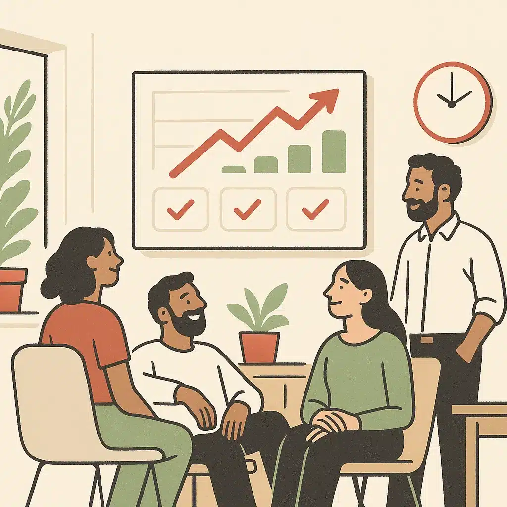 A small business operations team reviews a dashboard displaying rising efficiency metrics in a bright office.