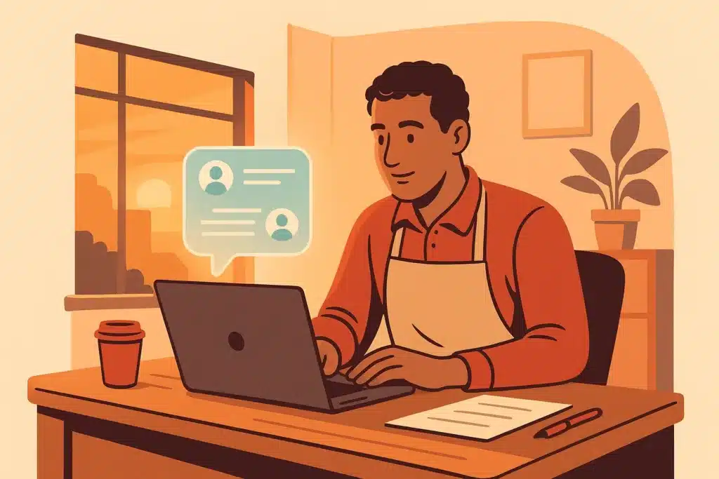 A small-business owner at a desk reviews a chat conversation on a laptop with a holographic chat bubble beside the monitor.