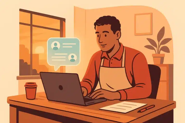 A small-business owner at a desk reviews a chat conversation on a laptop with a holographic chat bubble beside the monitor.