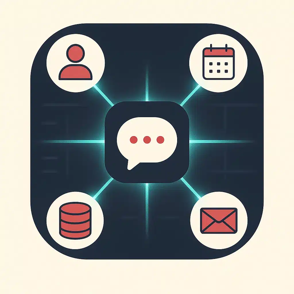 A central chat icon connected by glowing data lines to labeled nodes for CRM, calendar, order database, and email in a circular layout.