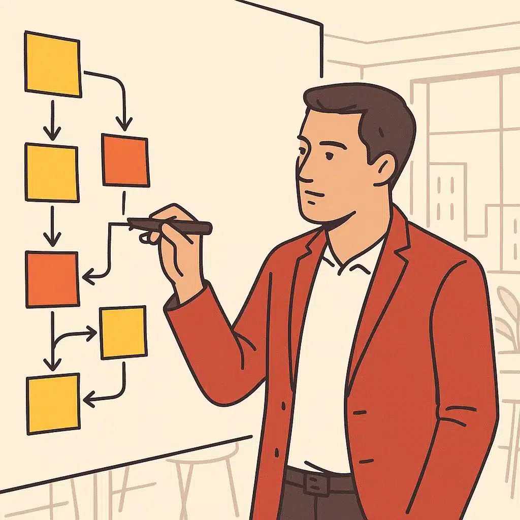 An operations manager maps a customer-journey flowchart on a glass whiteboard using sticky notes and arrows in a meeting room.