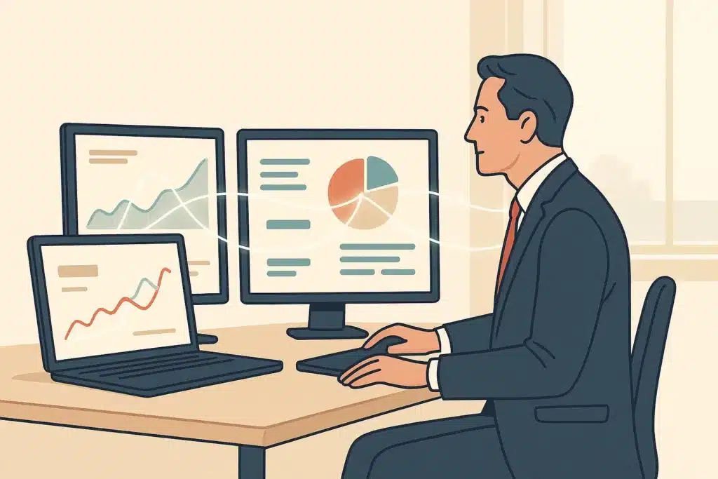 A business leader reviews data on three screens in a modern workspace with connected systems displayed on a clean dashboard.