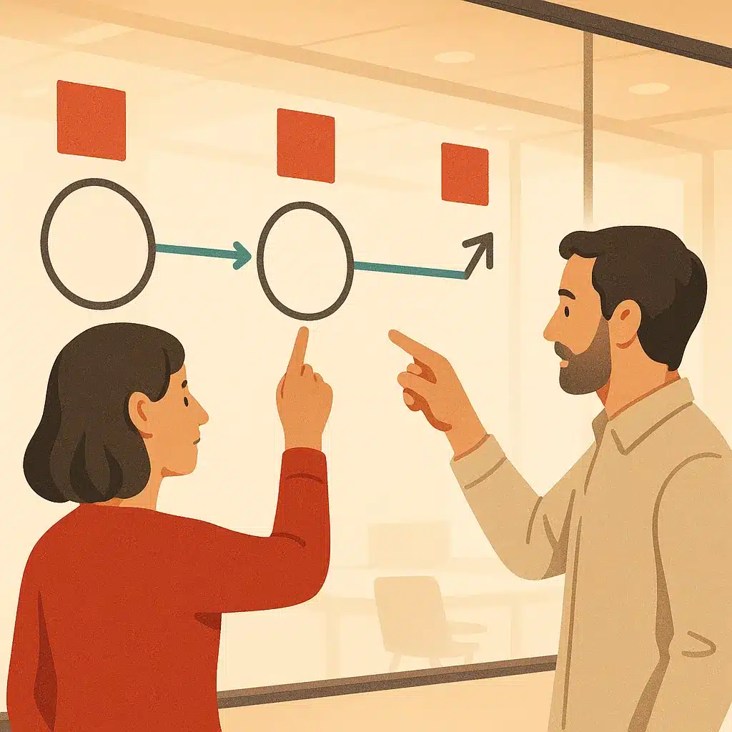 A small team discusses a flow diagram on a glass wall, highlighting stages from discovery to build to launch with sticky notes.