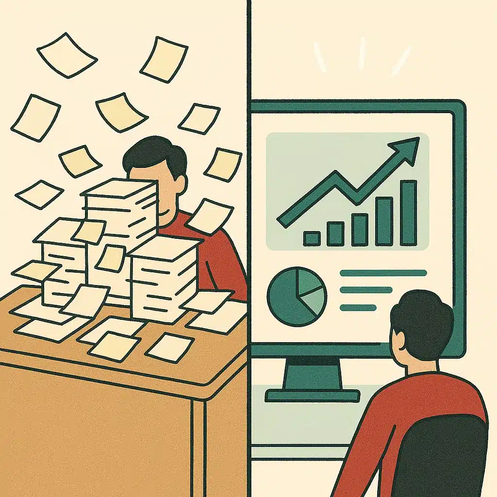 A cluttered manual desk with papers and sticky notes on one side, transitioning to a clean automated dashboard with efficiency metrics on the other.