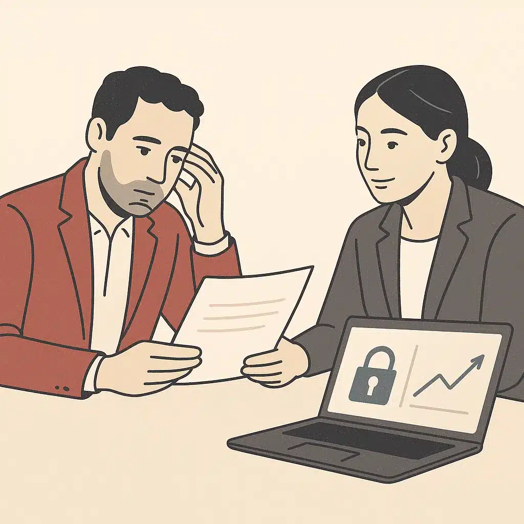 A business owner and advisor review a document together at a table with a laptop displaying a security lock icon and performance chart.