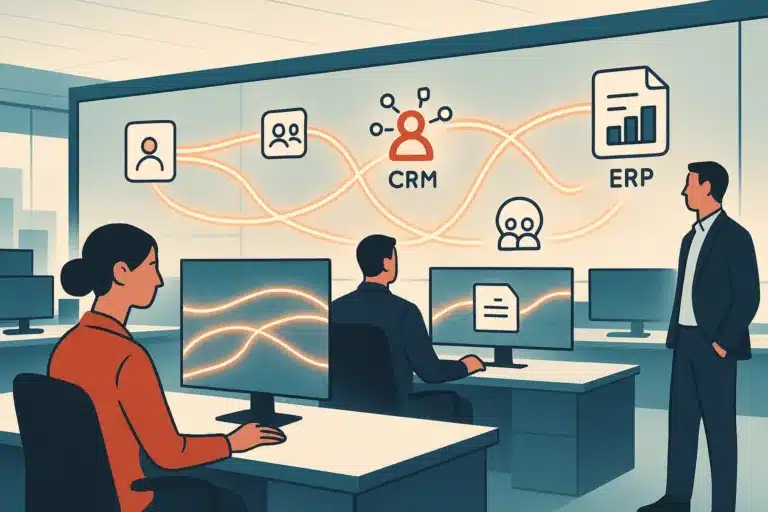 A modern command center displays glowing connected lines representing business workflows for CRM, ERP, and HR systems.