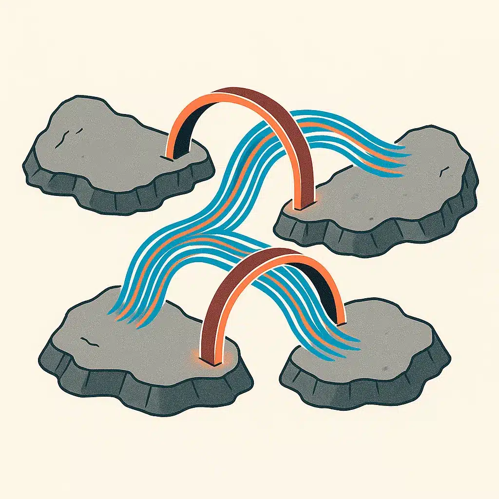 Three isolated islands symbolize separate software systems, connected by glowing bridges with streams of data flowing between them.