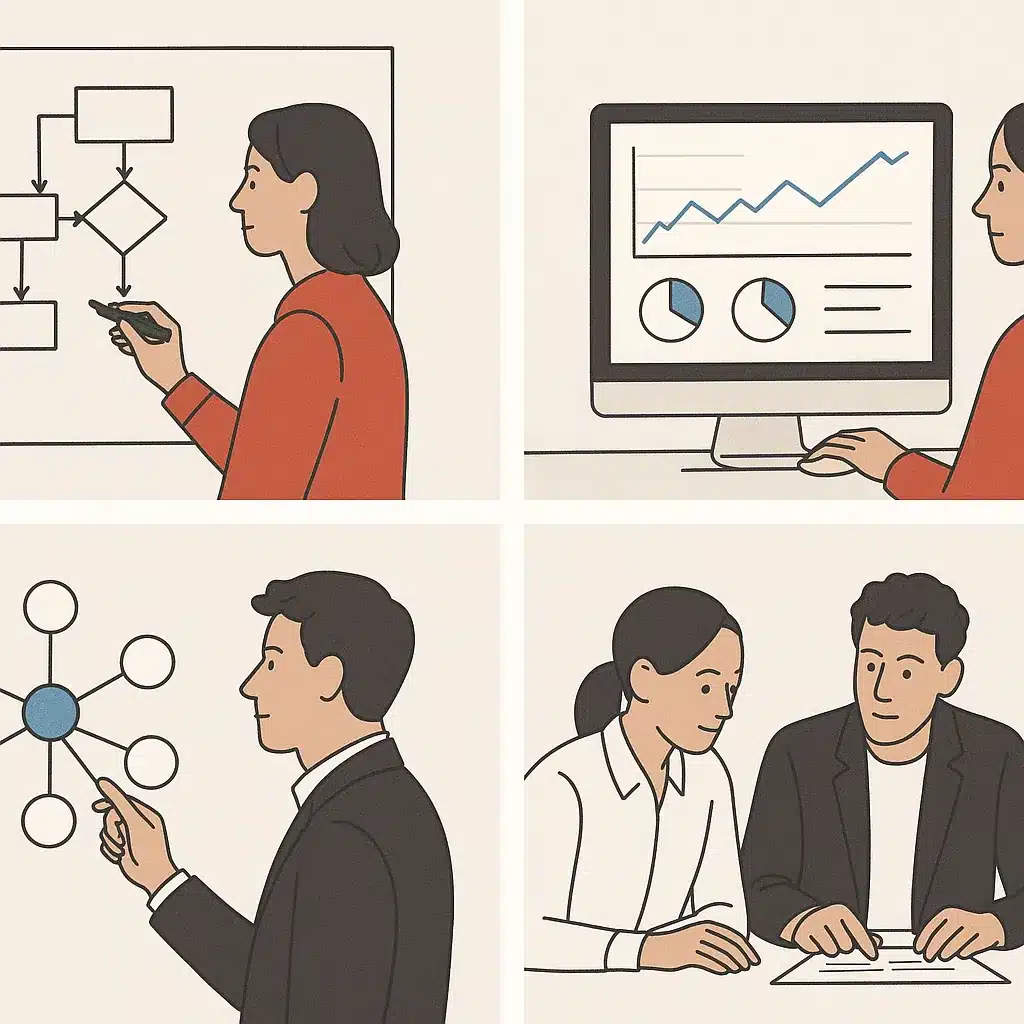 A four-panel sequence depicts a business process being mapped, measured, built into nodes, and reviewed by a team.