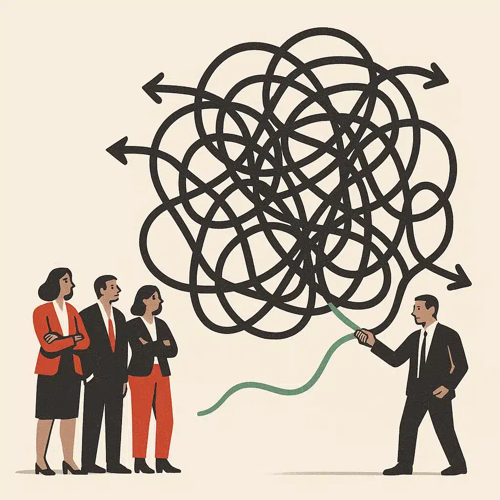 A business team stands near a tangled knot of wires and arrows, while one person begins to untangle a single thread.