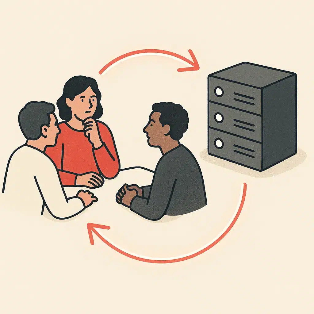 Three connected zones labeled with visual metaphors: people reviewing exceptions, data systems, and glowing workflow arrows linking them.