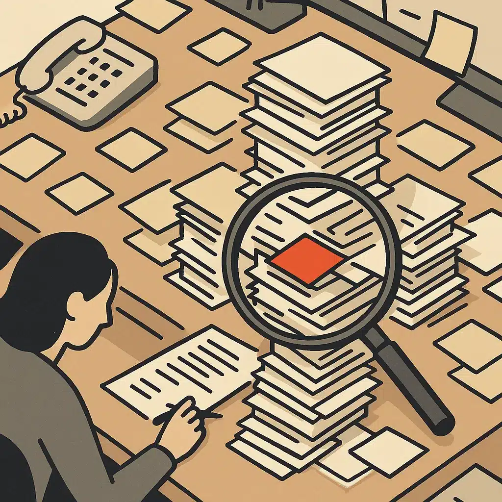 An overhead view of a cluttered operations desk with a magnifying glass highlighting a pile-up of sticky notes and papers.