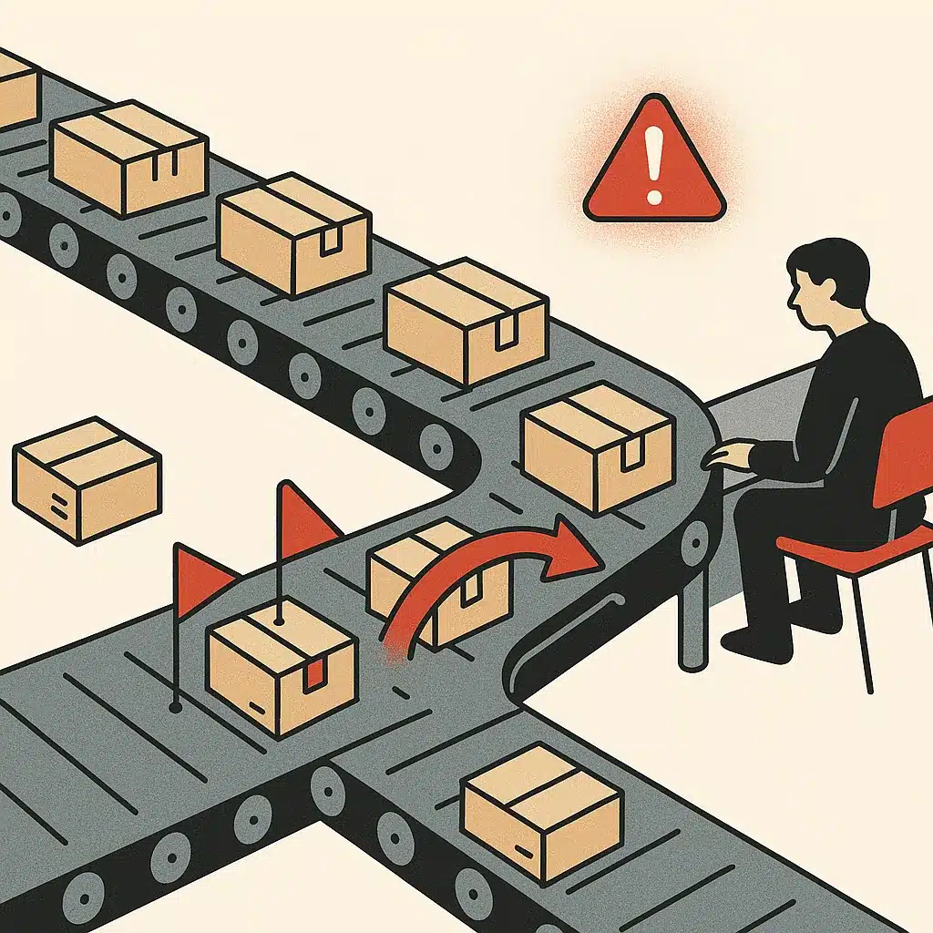 A conveyor belt with packages moving smoothly, while a few flagged items are diverted to a lane marked for human review.