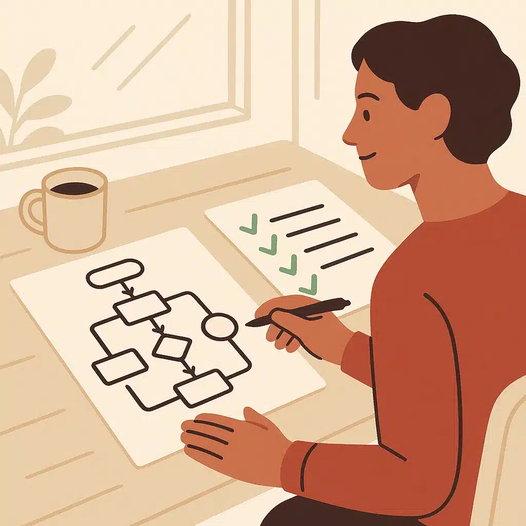 A business owner reviews a one-page workflow map with a checklist on a table, illuminated by natural light from a window.