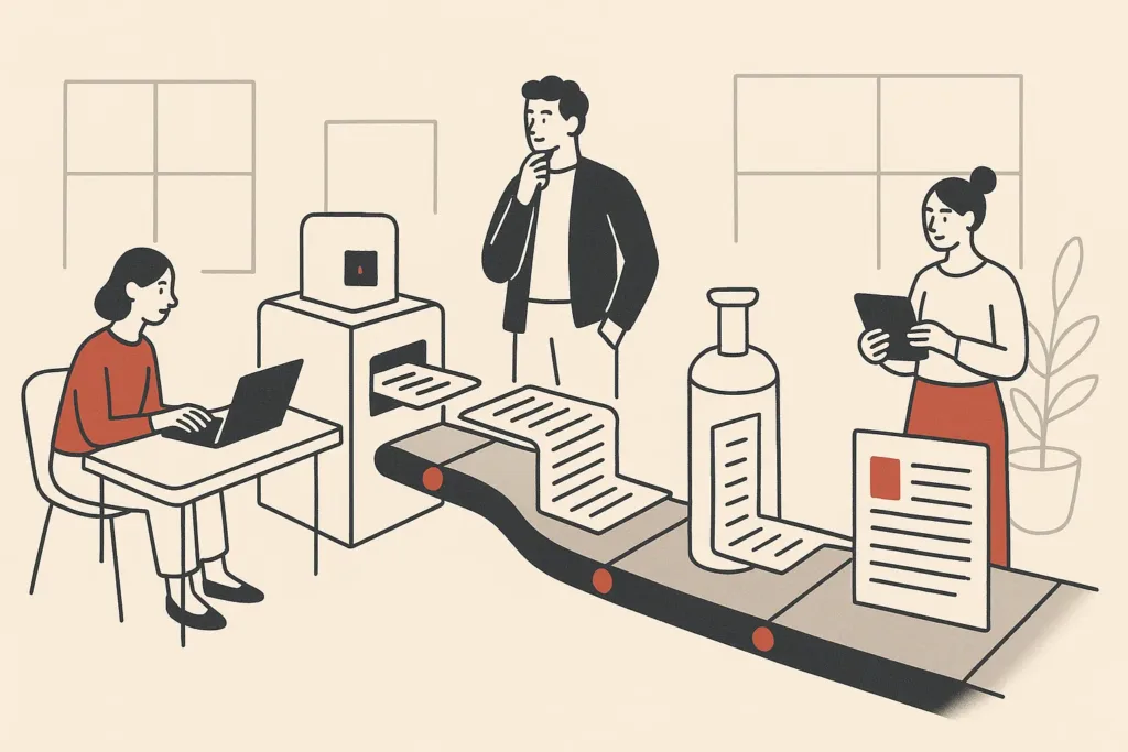 An automated content assembly line shows a keyword card transforming into a finished article page in a modern office setting.