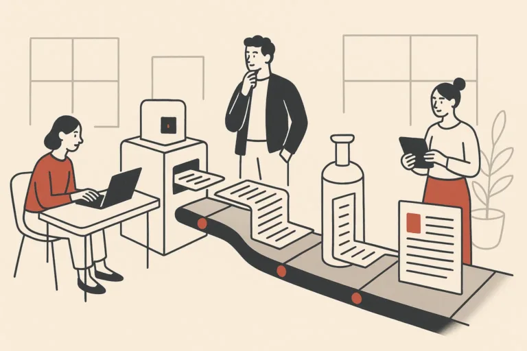 An automated content assembly line shows a keyword card transforming into a finished article page in a modern office setting.