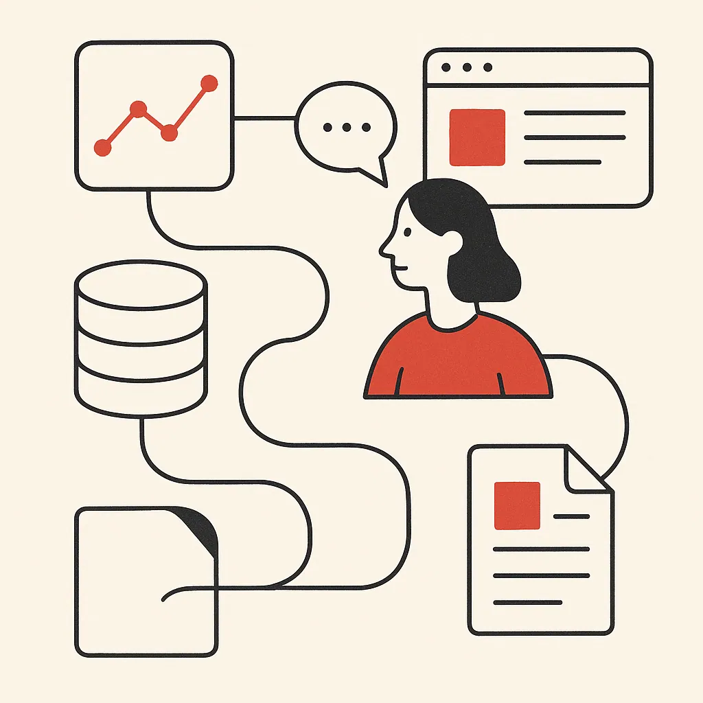 Several interlocking shapes and flowing lines represent a seamless workflow connecting different software tools and data sources.