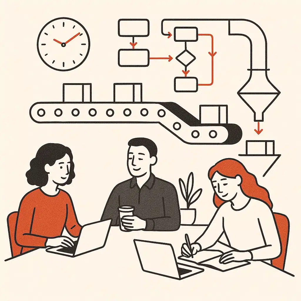 A small business team works calmly in a modern workspace while an automated system manages background tasks.