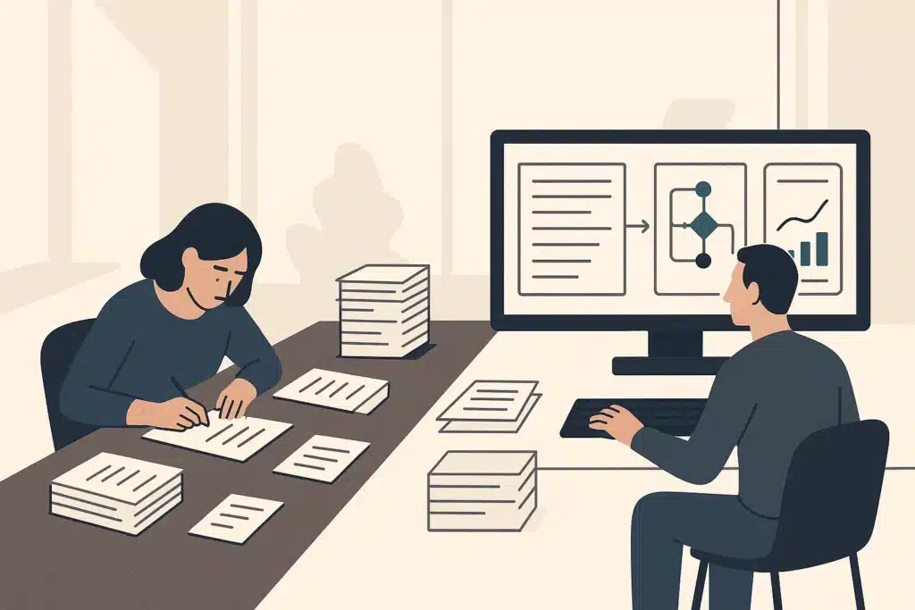 A modern workspace showing a transition from paper tasks on the left to digital workflow screens on the right.
