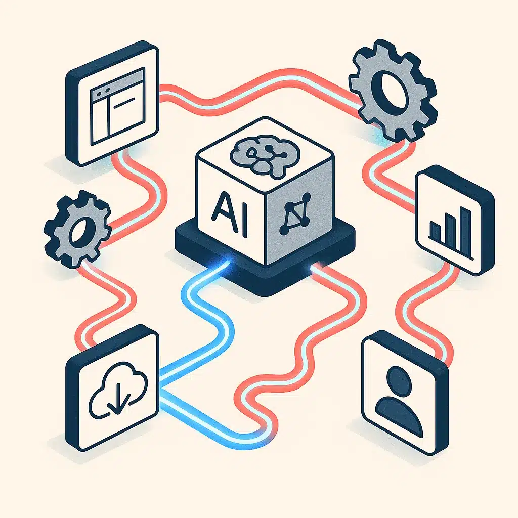 Interconnected system nodes and workflow pipelines with data flowing between application icons, gears, and an AI decision hub.