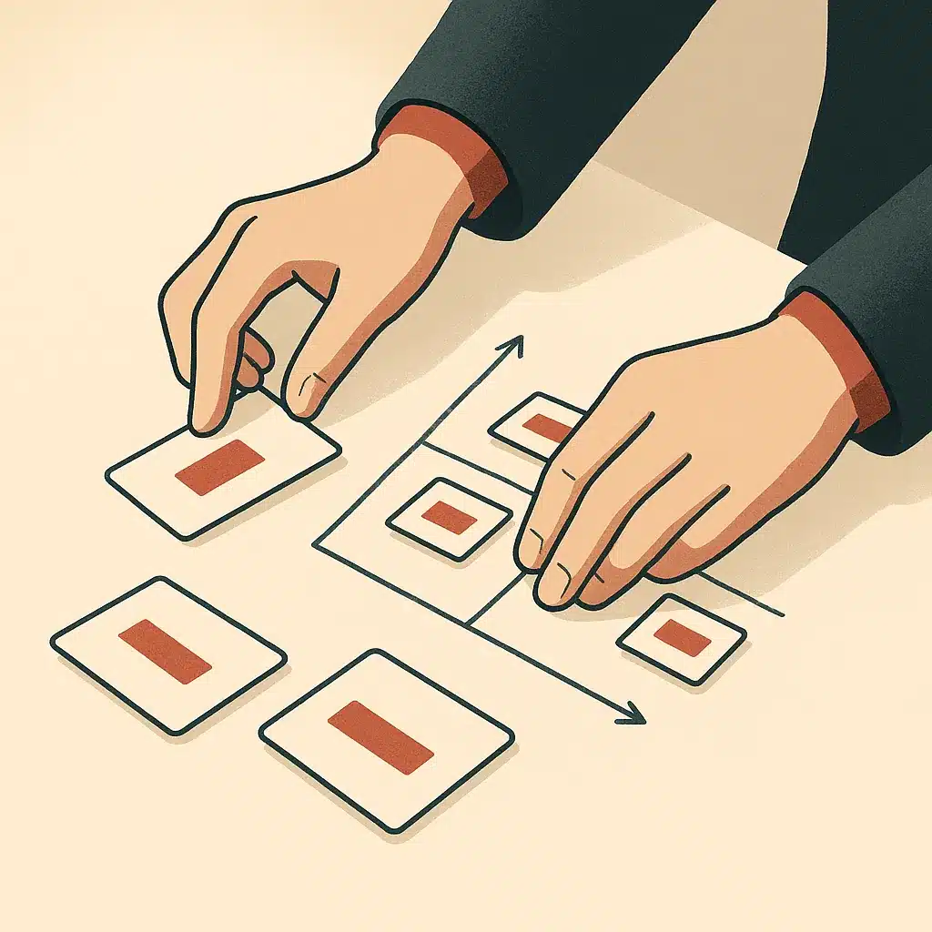 Hands sorting labeled workflow cards on a desk, with a matrix diagram ranking tasks by volume and error rate.