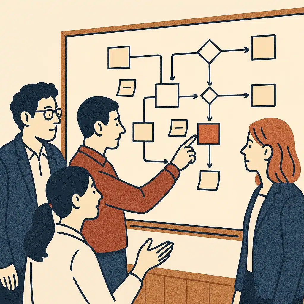 A small team discusses a process flowchart on a whiteboard, pointing at a highlighted step with sticky notes around it.