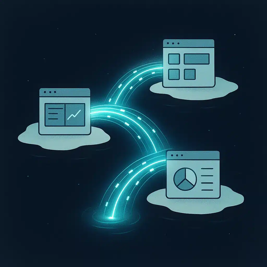 Isolated software application islands connected by glowing bridges of data, with information packets traveling between them.