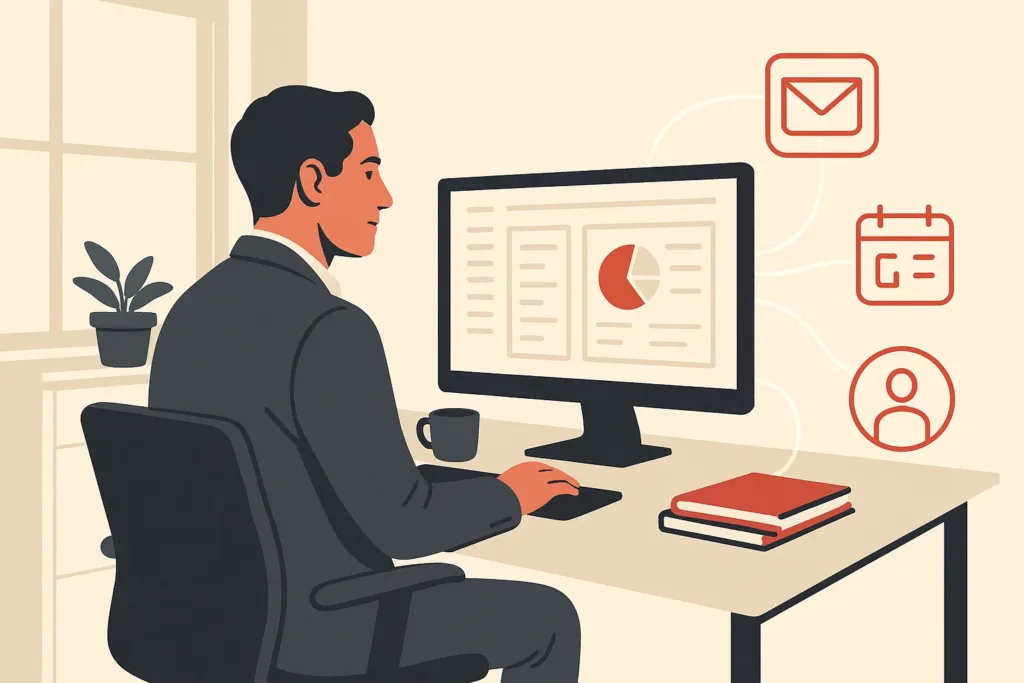A calm operations manager reviews a dashboard on a wide monitor, with icons for email, calendar, and CRM tools floating nearby.