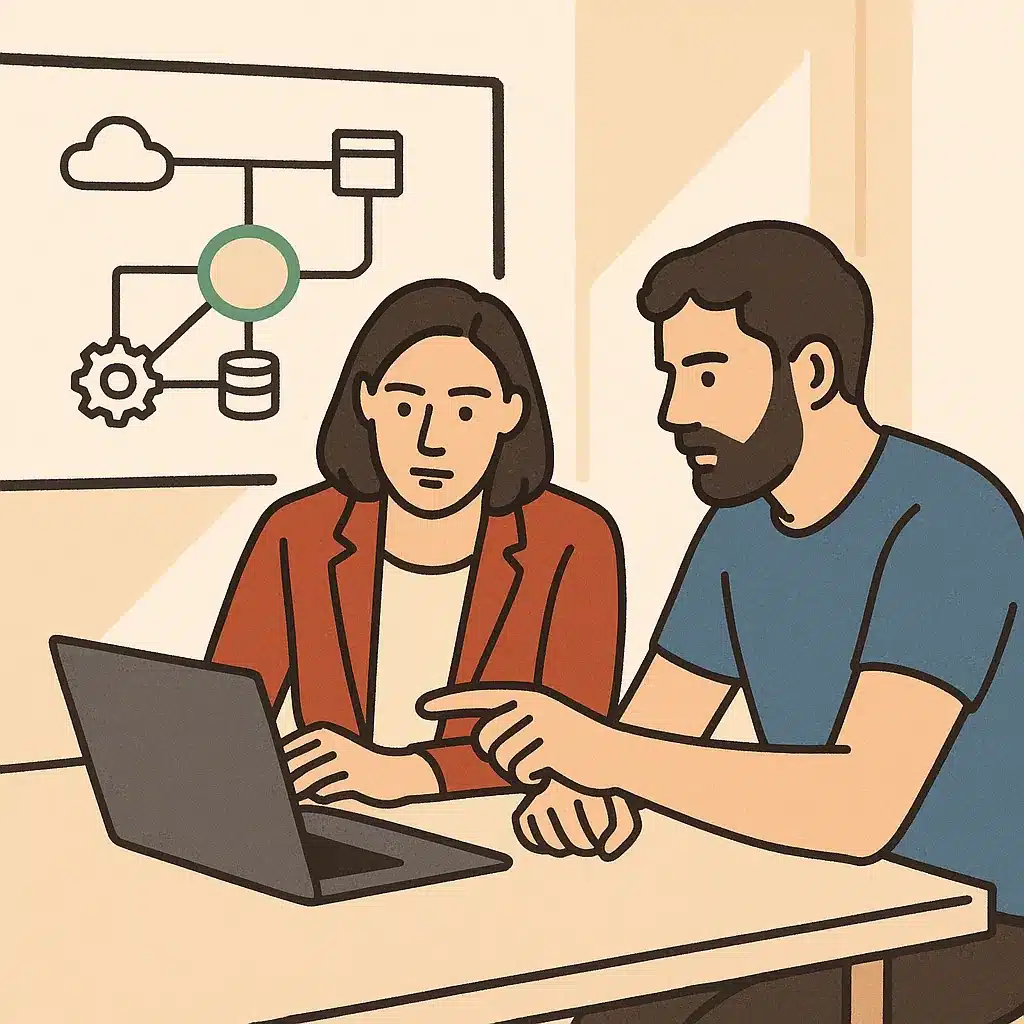 An operations lead and a technical builder collaborate over a laptop in a bright meeting room with a workflow whiteboard behind them.