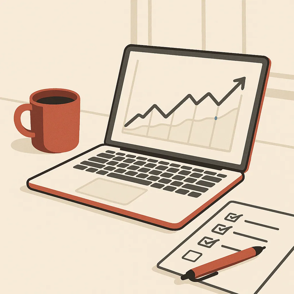 A business desk featuring a laptop with an analytics chart, a coffee cup, and handwritten notes with a checklist.