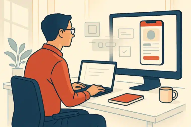 A business owner sits at a desk, observing a mobile app being developed on a large monitor with holographic UI elements.
