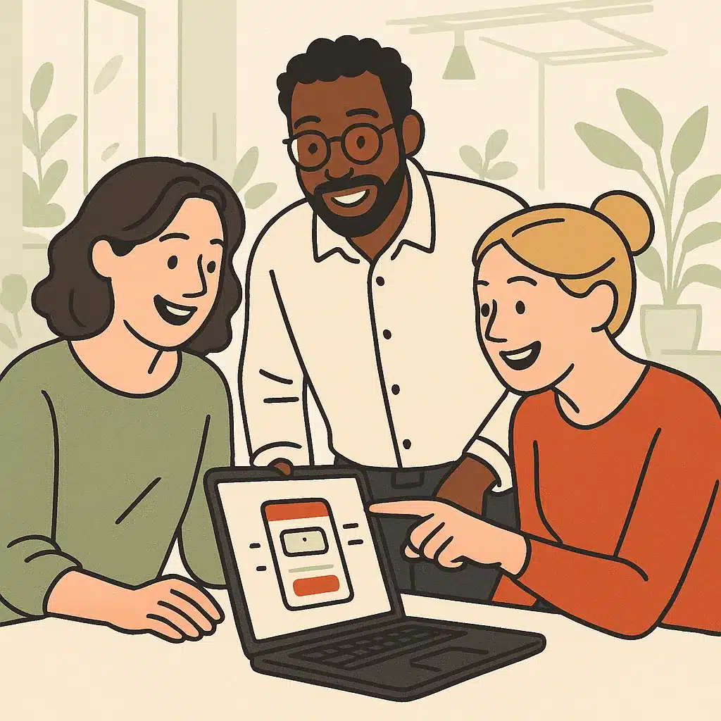 A small business team of three points at a laptop screen displaying an app interface in a bright open-plan office.