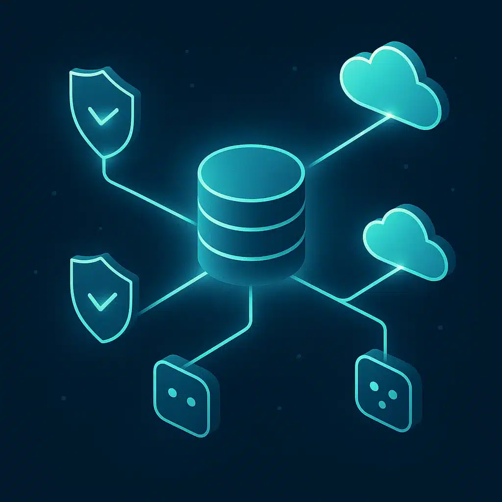 A diagram showing a central database connected to authentication shields, cloud icons, and integration nodes with glowing lines.