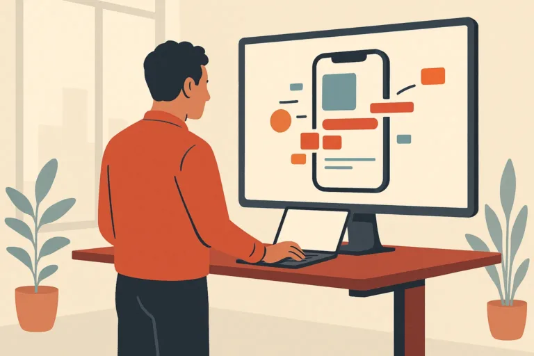 A founder stands at a desk, observing a mobile app being built on a large monitor with colorful UI blocks assembling from text.