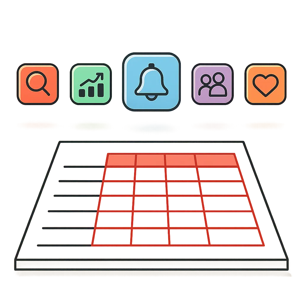 Five app icons arranged in a lineup above a comparison grid, each glowing with a distinct color against a neutral backdrop.
