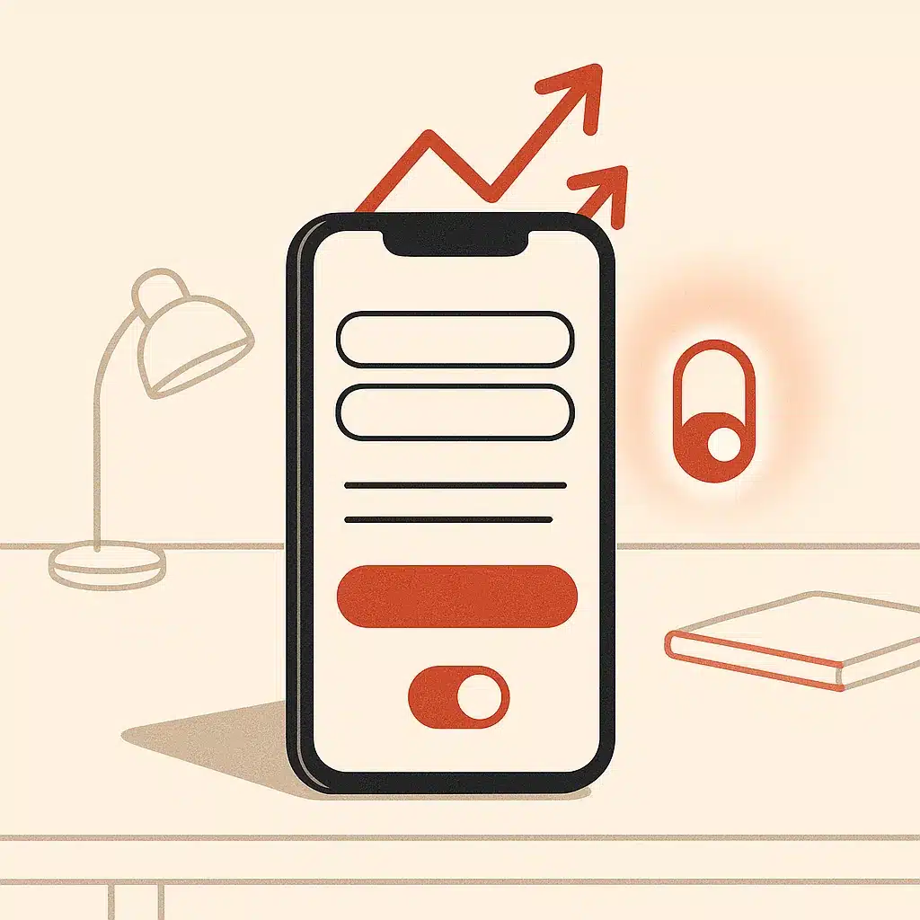 A smartphone shows a checkout screen with revenue arrows and a subscription toggle in a minimal desk setting.