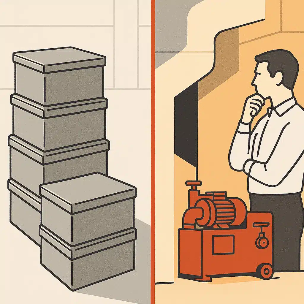One side shows identical stacked template boxes, while the other features a single custom machine fitting a uniquely shaped gap.