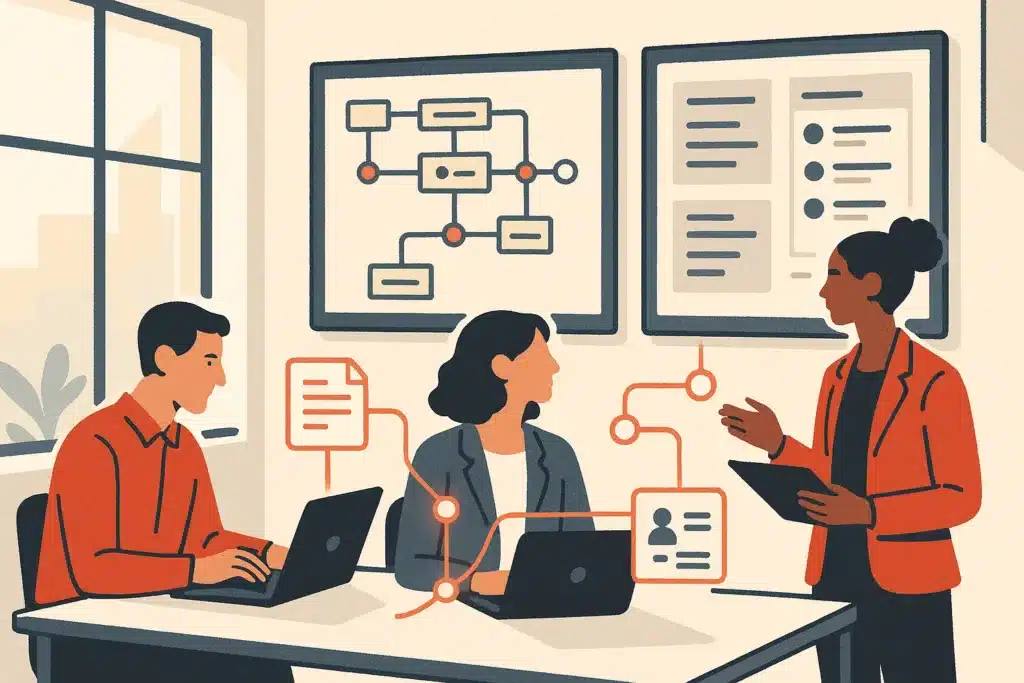 A team collaborates in an open-plan office, analyzing automated workflow dashboards displayed on large screens.