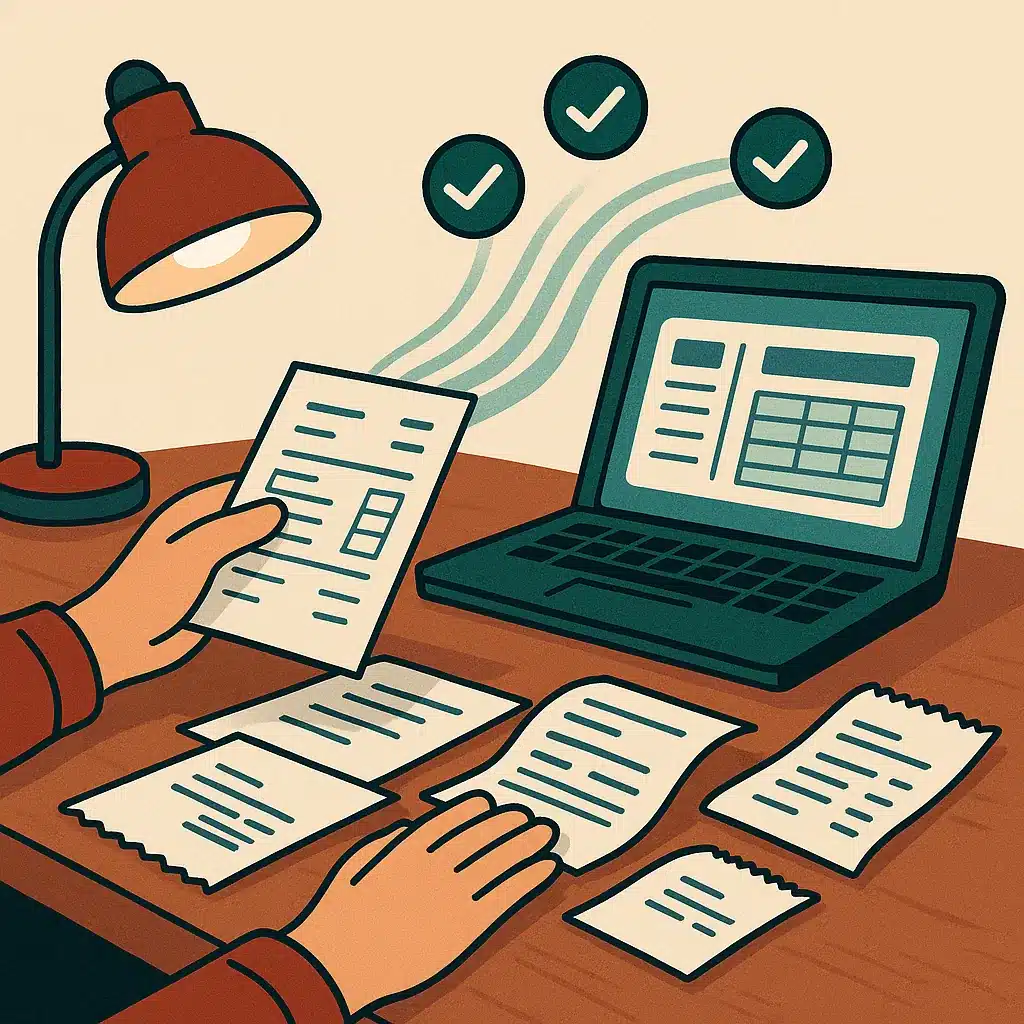 A finance professional's desk with paper invoices and receipts transitioning into digital data on an accounting dashboard with check marks.